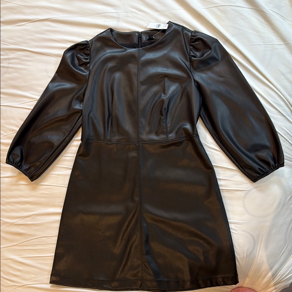 NWT Ann Taylor Black Faux Leather Dress with Puff Sleeves & Crew Neck - size 12